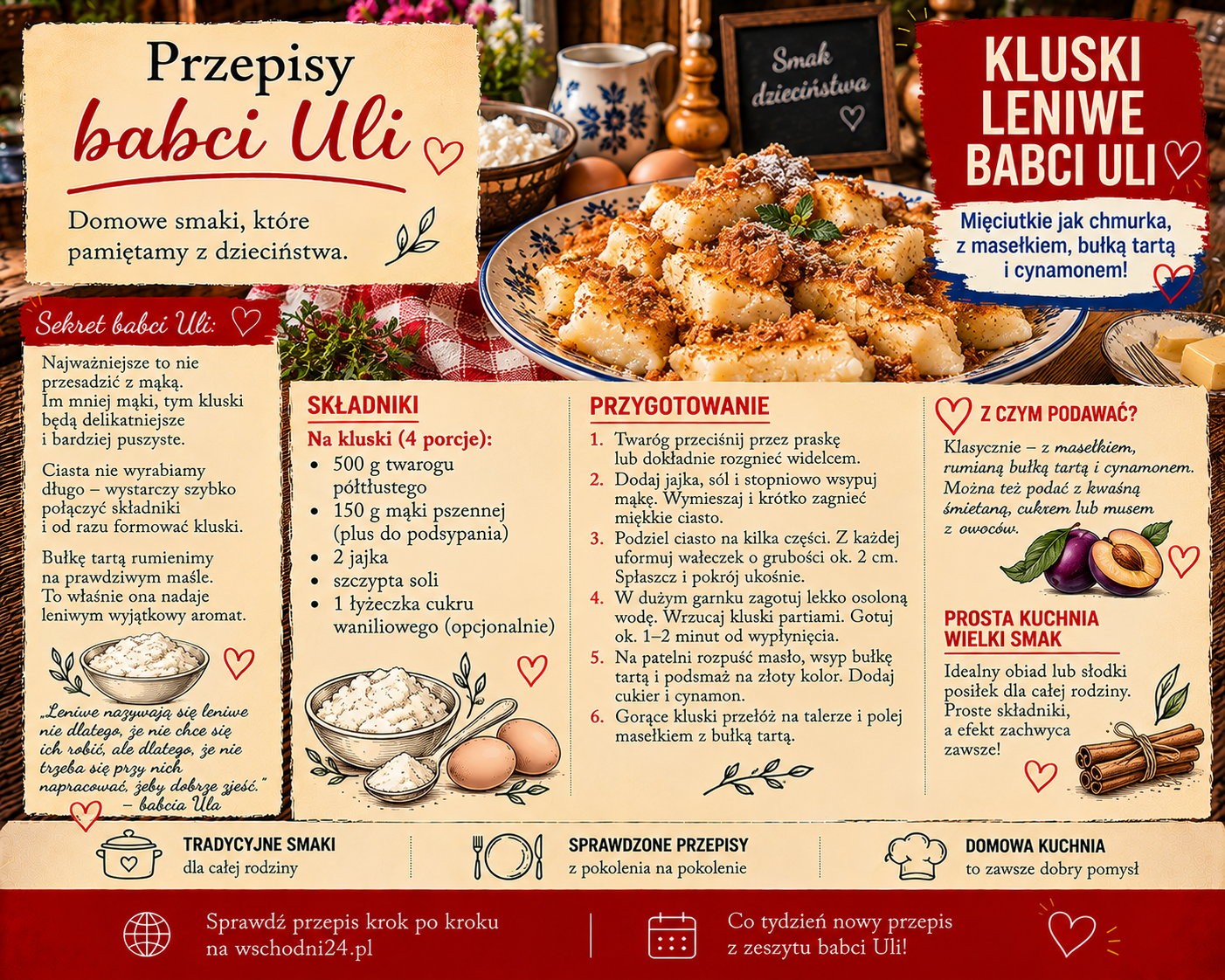 🍽️ Kluski leniwe babci Uli. Mięciutkie jak chmurka, z masełkiem, bułką tartą i cynamonem!